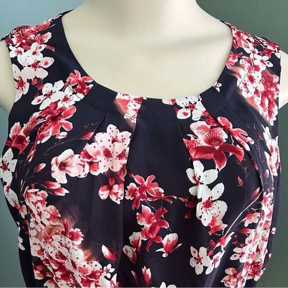 Elle Navy Blue Pink Floral Cherry Blossom Sleeveless Dress Size Small - Picture 3 of 11
